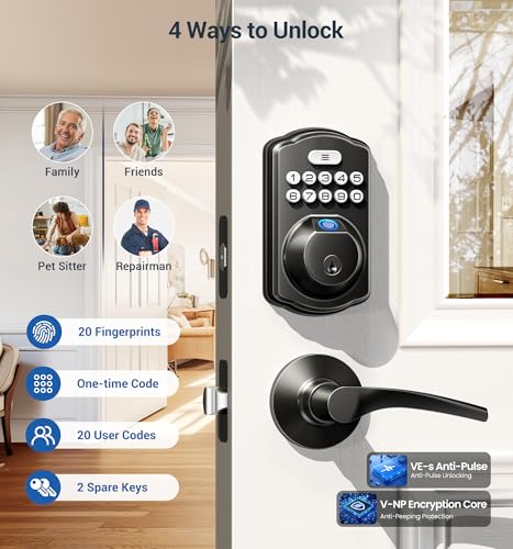 Veise Fingerprint Door Lock with 2 Lever Handles - Keyless Entry Door Lock, Electronic Keypad Deadbolt, Digital Smart Code & Front Handle Sets, Auto-Locking, Easy Installation, Matte Black