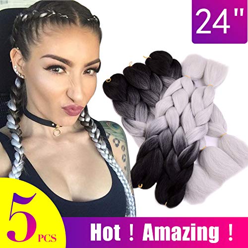 Silike 24'' Jumbo Braid Hair Extension For Hot Girls (5 Pieces) Kanekalon Jumbo Braiding Hair (Black/Silver Grey)