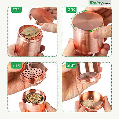 iRainy [5 Piece] Spice Herb Grinder with Pollen Catcher, 2.1 Inch, Metal Rose Gold - Thumbnail 3