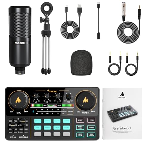 MAONO Mezcladora Interfaz de Audio caster Lite Estudio de Grabación Portátil TODO EN UNO con Micrófono de 3.5mm para Podcast, Streaming, Guitarra, Grabación y Gamer (AM200-S1)