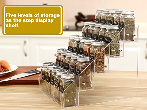AmHoo Acrylic Spice Rack with 25 Clear Glass Jar Bottles and 80 Chalkboard Labels - 5 Tiers Kitchen Spice Rack Organizer