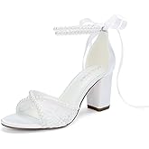 Lace Wedding Shoes for Bride Pearl Heels Bridal Shoes Block Heel Wedding Sandals