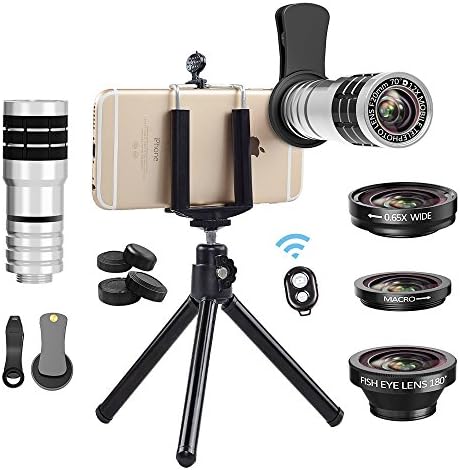 Cell Phone Camera Lens Kit, Vorida Universal 12X Telephoto Lens + 180º Fisheye Lens + 0.65X Wide Angle Lens + Macro Lens for iPhone 8, 7, 6, 6s Plus, Samsung &amp; Most Smartphone + Remote Shutter