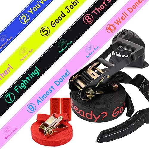 Rainbow Craft Game Score Design Slackline Kit with Training Line - Classic Slack Line with Tree Protectors Ratchet - 50ft Long and Ideal for Slackline Beginner