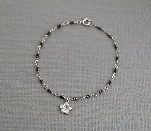 Black Diamond Bracelet, Gold Flower Bracelet, White Gold Flower Bracelet, White Gold Charm Bracelet, April Birthstone,LLD Jewelry