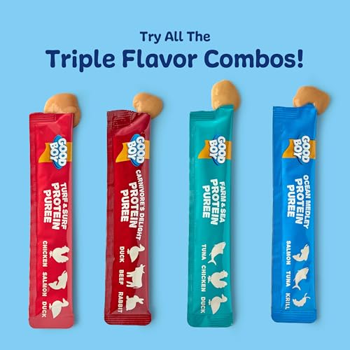 GOOD BOY FARM & SEA PROTEIN PUREES DOG FOOD MIXERS FOR ALL ADULT DOGS, 10 COUNT, EASY SINGLE-SERVE TRIPLE FLAVOR TOPPER TREATS WITH TUNA, CHICKEN AND DUCK