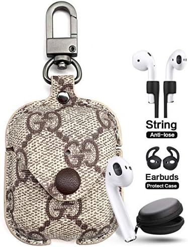 JANSAE Designer Leather Case for Airpods with Keychain, Luxury Classic Protect Case Kits Accessories Compatible with Airpod Charging Case Cover 1st / 2nd (Beige Flower)