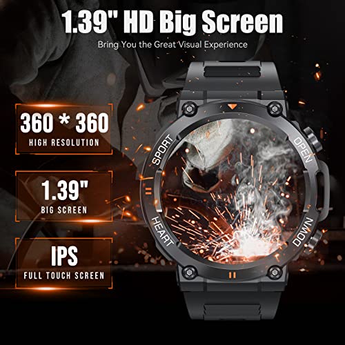 Military Smart Watches for Men Make Call 1.39" HD Big Screen Fitness Tracker Rugged Tactical Smartwatch Compatible with iPhone Samsung Android Phones Heart Rate Sleep Monitor Sports Watch, Bluetooth