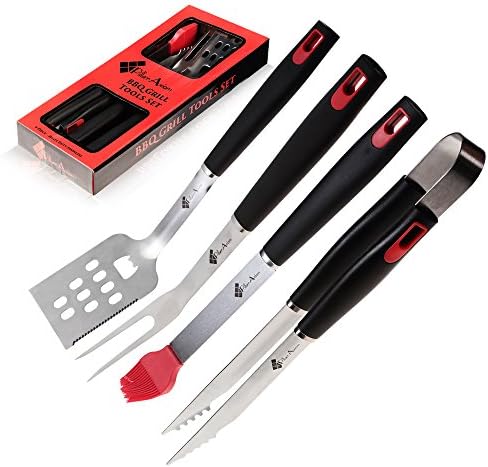 4 Piece BBQ Grill Tools Set - Cooking Utensils Barbecue Grilling Stainless Steel - Kitchen Utensil Set Metal Tools - Spatula - Tongs - Fork - Basting Brush