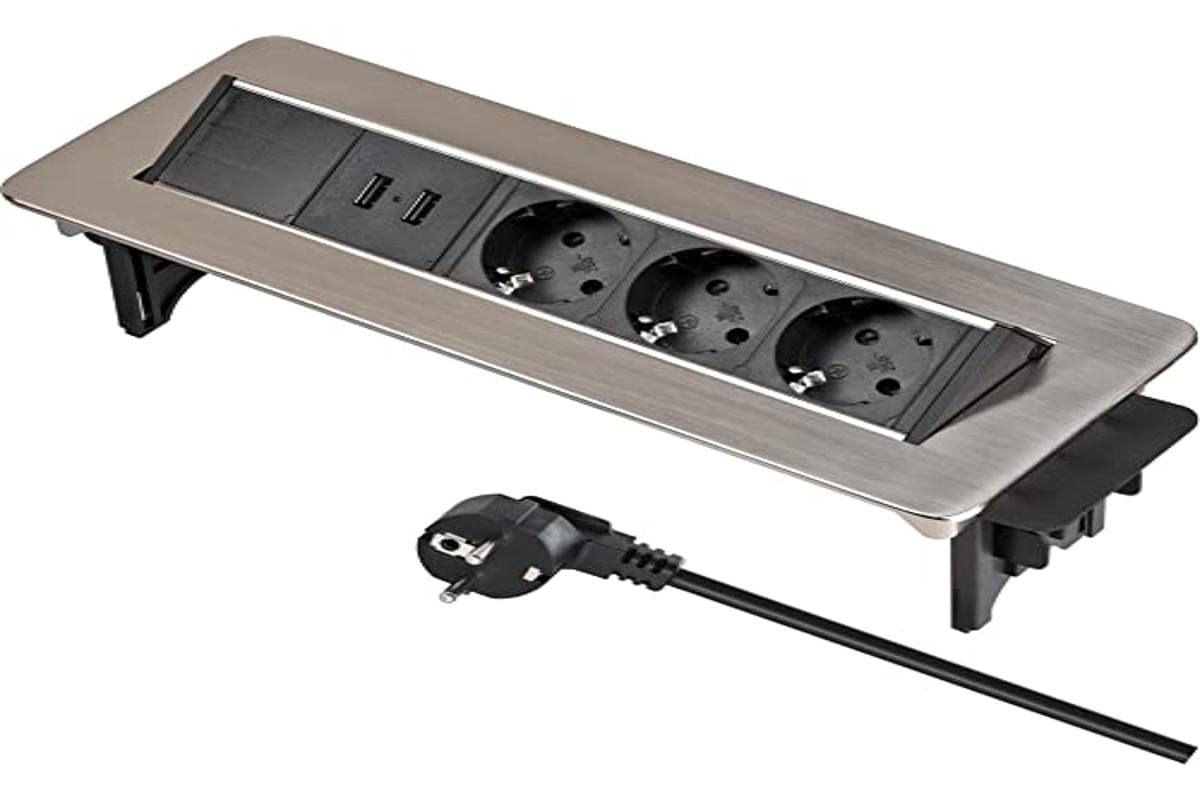 Brennenstuhl Indesk Power USB-Charger desktop Power Strip/retractable socket 3-fold (2 USB charging sockets, 2m cable) silver/black