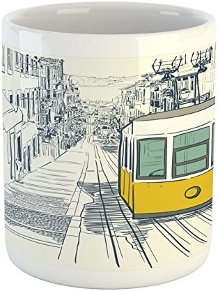 Lunarable Urban Mug, Sketch Style City Scenery with Street Bus in Town Lisbon Modern Artwork, Ceramic Coffee Mug Cup for Water Tea Drinks, 11 oz, Petrol Blue