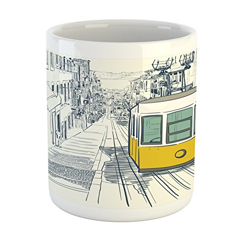 Lunarable Urban Mug, Sketch Style City Scenery with Street Bus in Town Lisbon Modern Artwork, Ceramic Coffee Mug Cup for Water Tea Drinks, 11 oz, Petrol Blue