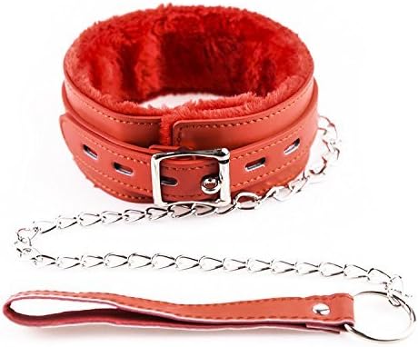 Faux Fur Lining Leather Neck Collar With Detachable Chain Leash For Women Adult Role Play (Red)