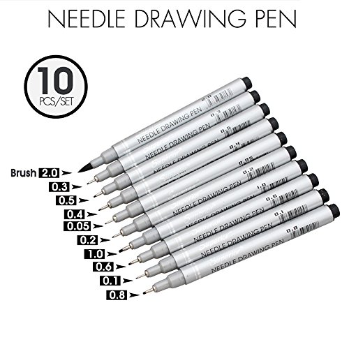 Looneng Technical Fineliner Pens for Artist Illustration, Sketching Drawing Comic Manga Writing, Pack of 10 Assorted Tip Sizes, Black Ink