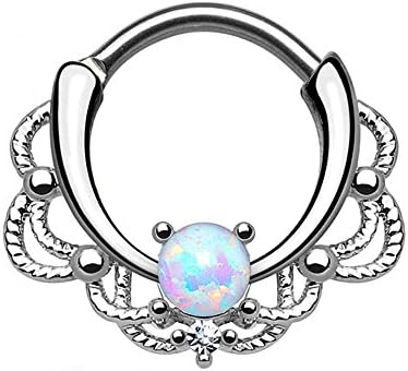SPARIK ENJOY Surgical steel Lacey Single Opal 16g Septum Hanger Clip On Non No Piercing - Choose Blue, White, Pink or Purple Synthetic Opal (Black)