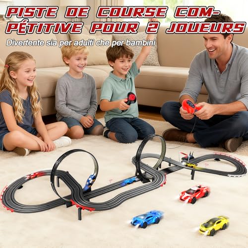 JONRRYIN Circuit Voiture Enfant, 1:64 Circuit Voiture Electrique, Extra-Long Piste De Course - 4 LED Voitures, USB, Télécommande, Comptoir, 360° Boucle, Jouets Cadeaux pour Enfant 6-12 Ans (737CM)