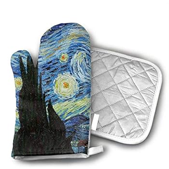 NoveltyGloves Van Goghs Paintings Oven Mitts,Professional Heat Resistant Microwave BBQ Oven Insulation Thickening Cotton Gloves Baking Pot Mitts Soft Inner Lining Kitchen Cooking
