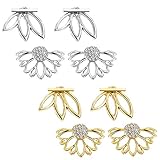 Finrezio 4 Pairs Lotus Flower Bar Stud Earrings for Women Girls Cuff Earrings Ear Jackets Stud Earrings (A:Silver and Gold)