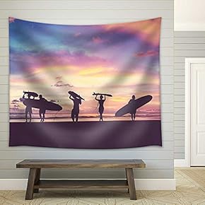 Silhouette of Surfer People Carrying Their Surfboard on Sunset Beach, Vintage Filter Effect with Soft Style - Fabric Wall Tapestry Home Decor - 51x60 inches