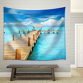 Vacation in Tropic Paradise Jetty on Isla Mujeres, Mexico - Fabric Wall Tapestry Home Decor - 51x60 inches