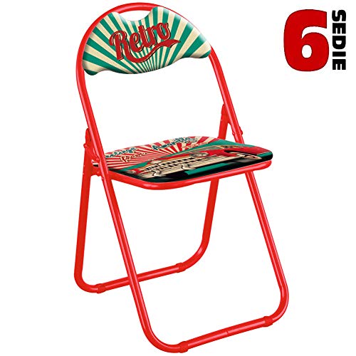 BAKAJI-Set-6-Pezzi-Sedie-Imbottite-Pieghevoli-Salvaspazio-Colore-Struttura-Grigio-Silver-Sedia-Metal-Rosso-retr
