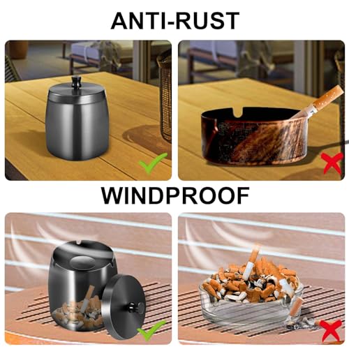 Outdoor Ashtray with Lid, Stainless Steel Ashtray for Outdoors (Black)