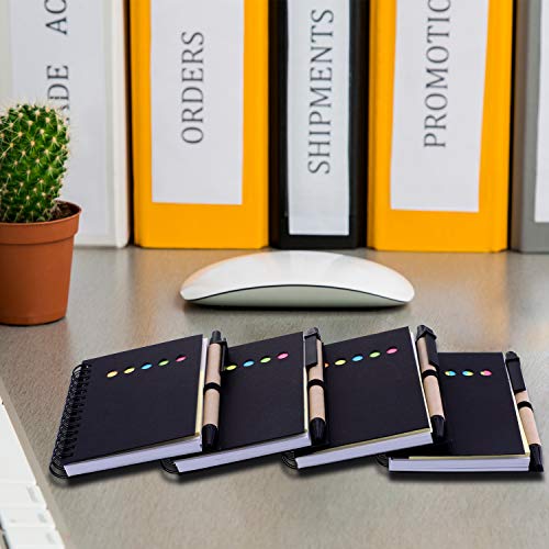 Maxdot 4 Pieces Kraft Paper Steno Pocket Business Notebook Spiral Lined Notepad Set with Pen in Holder, Sticky Colored Notes Page Marker Tabs (Black Cover)