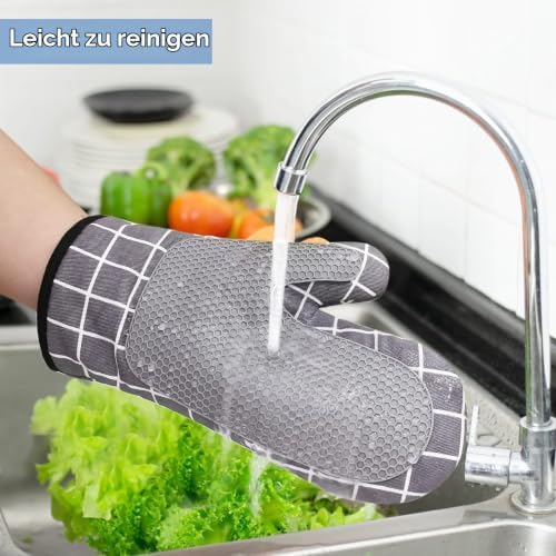 Ofenhandschuhe, Hitzebeständige Topfhandschuhe Silikon und Baumwolle, Silikon Anti-Rutsch Design, Geeignet für Kochen Backen Grillen(Grey) — Foto 3 von 6