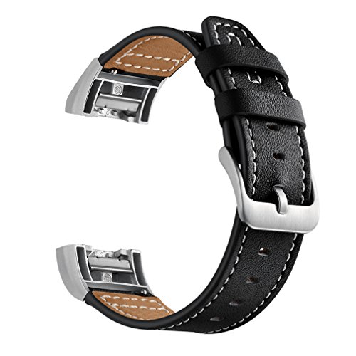 MoreToys Genuine Leather Adjustable Replacement Accessory Sport Watch Band Wrist Strap Bracelet for Fitbit Charge 2 Fitness Wristband (Black) - Thumbnail 3