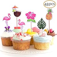 JOYET 48-Pack Cupcake Toppers for Hawaiian Luau Summer Flamingo Birthday Parties Cake Food Decoration Supplies