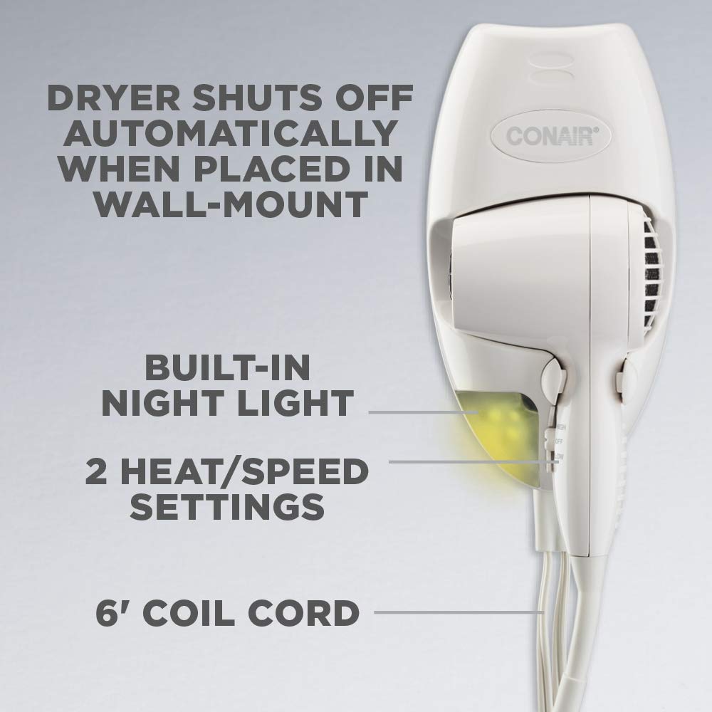 Conair 1600 Watt Wall-Mount Hair Dryer with LED Night Light, White: Beauty