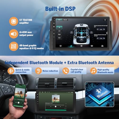 Eonon 9 inch Android 14 Compatible with BMW E46 3+32GB GPS Sat Nav CarPlay Android Auto MirrorLink screen mirroring Bluetooth DSP USB RCA Backup Camera support DAB+ OBDII Car Radio Stereo E46X7