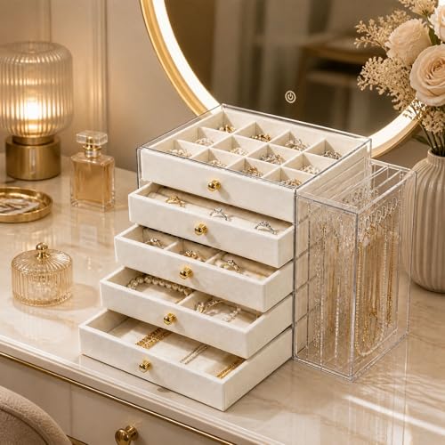 Organizador Acrílico para joyas, Joyero Transparente con 5 Cajones, Soporte para Collar de Acrílico, Terciopelo Beige, Joyero Multifuncional, para Relojes, Collares, Pendientes, Anillos