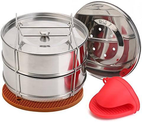 [Upgraded] Stackable Steamer Insert Pans for 6 8 Quart Instant Pot &amp; Pressure Cooker - 2 Tier Steam Pans + 2 Interchangeable Lids - Pot in Pot Accessories to Bake, Reheat - Cook Recipes Included