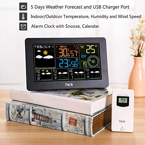 FanJu Color Wi-Fi Weather Station with APP Control/Smart Weather Monitor Clock with USB Charger Port/Indoor Outdoor Temperature and Humidity/Wind Speed/Digital Clock with Outdoor Sensor