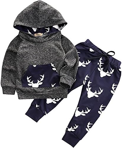 2pcs Outfit Set Baby Boys Deer Outfit Long Sleeve Hoodie Tops Sweatshirt Clothes Set (Gray, Label 80/Age 3-6mos.)