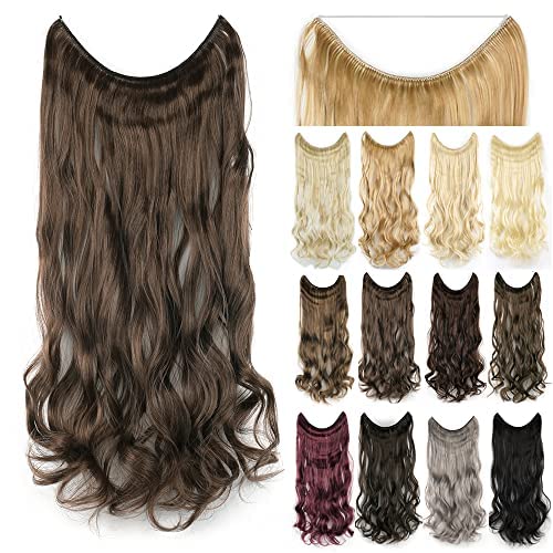 IMISSU 22'' 26'' Long Body Wavy Hair Extensions Fish Line Hairpiece Synthetic Invisible Secret Wire Headwear Flip Curly Hair Extension Pieces (26 Inch,Mixed Brown)