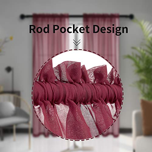 Anjee Sheer Window Curtains, Rods Pocket Voile Fabric Drapes/Panels/Treatments for Living Room/Kitchen/Bedroom, 52” x 96”, Set of 2, Red