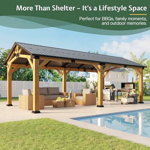 Jocisland 12'x24' Cedar Wood Hardtop Gazebo with Steel Roof, Waterproof Outdoor Carport Pavilion, Heavy-Duty Snow & Wind Resistant Canopy for Patio, Driveway, Garden
