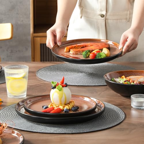 vancasso AMBER 6 Person Dinnerware Set, 24 Piece Stoneware Dinner Plates Set - Flat Plates, Dessert Plates, Pasta Bowls and Bowls - Microwave Safe - Red Glaze