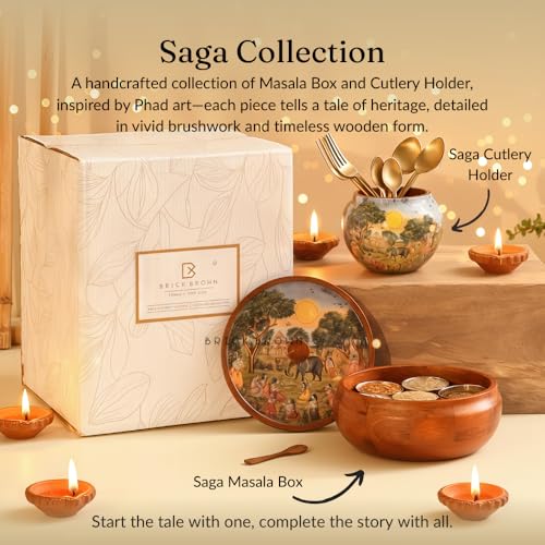 Brick Brown ® Wooden Enamel Coated Saga Masala Box for Kitchen | Spice Box | Spice Jars | Spice Rack & Masala Dani Organizer Storage Box with 7 Containers and 1 wooden spoon (8.5x4.2 inch)