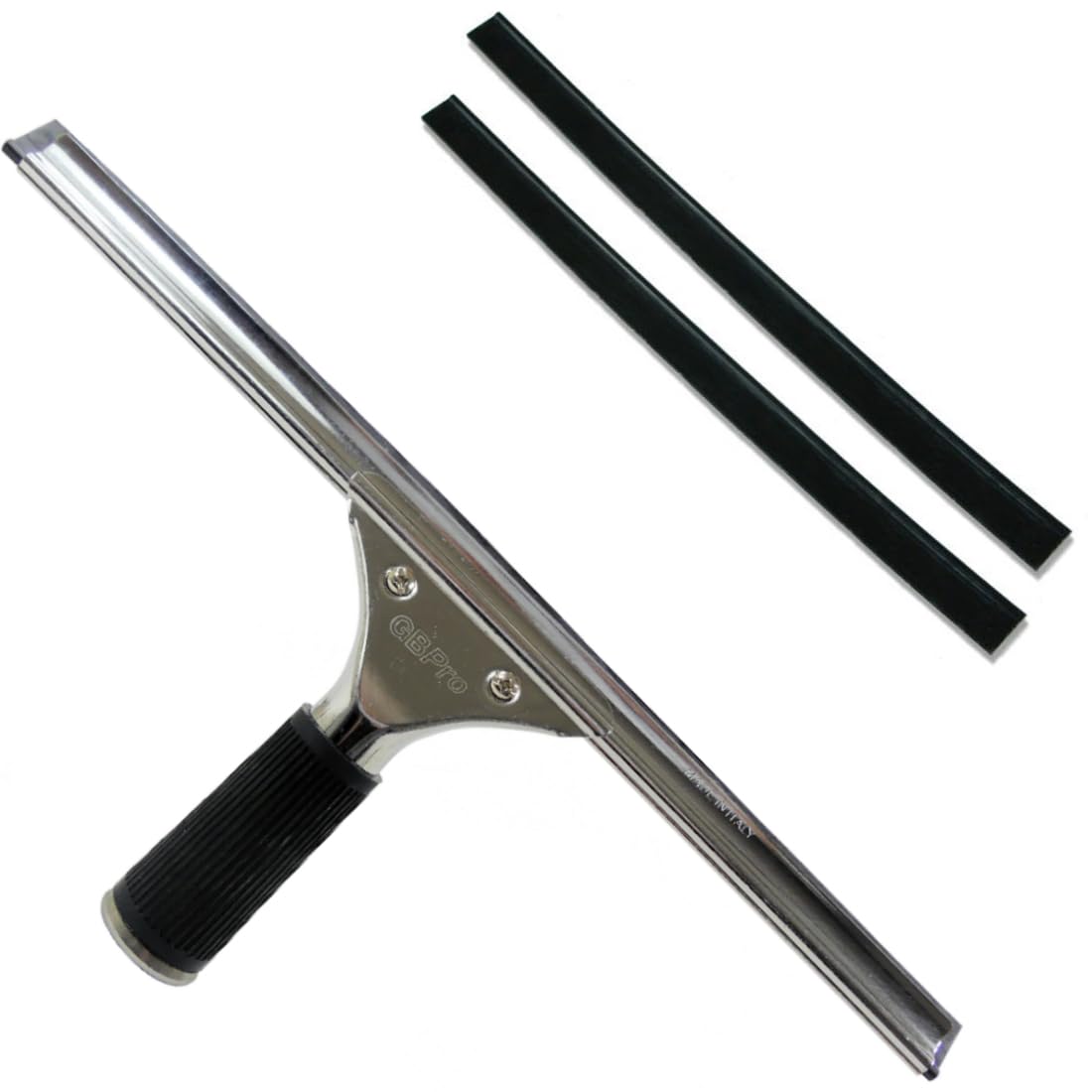 GBPro Professional Window Squeegee Stainless Wiper 35cm / 14 inches + Machine Cut High Grade Rubber Blade/Strip x 2