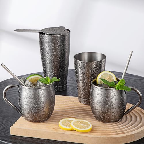 SKY FISH® Shaker per Cocktail Boston, Kit Cocktail da 18 Pezzi con Design in Rilievo 3D, Set da Barman Professionale per Gli Amanti dei Cocktails, Lavaggio a Mano, Grigio Spazio