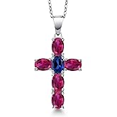 Gem Stone King 925 Sterling Silver Red Created Ruby and Blue Created Sapphire Cross Pendant Necklace for Women | 3.10 Cttw | Gemstone July Birthstone | Oval 6X4MM | With 18 Inch Chain