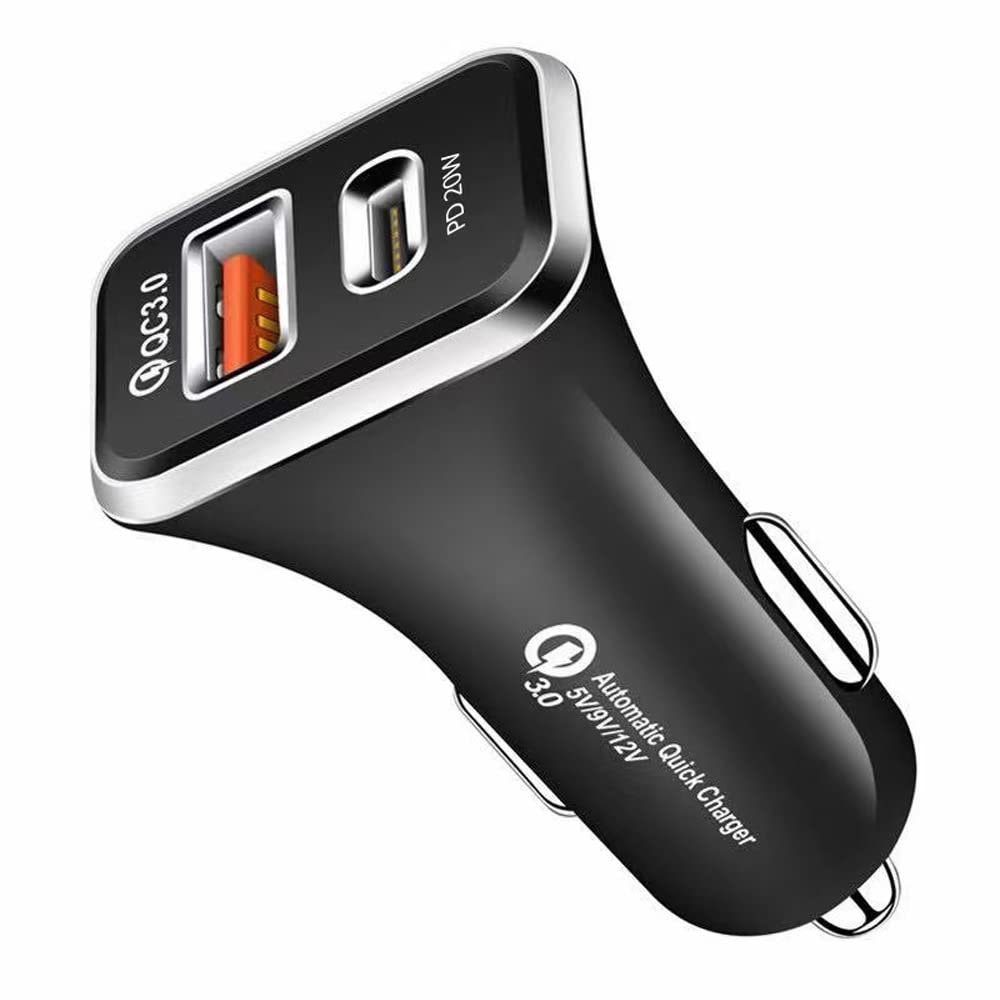 Olakey USB-C Car Charger Cigarette Lighter, Dual USB Car Charger Adapter with 20W PD Port, Fast QC3.0 and LED Indicator (Black), DYB-B2