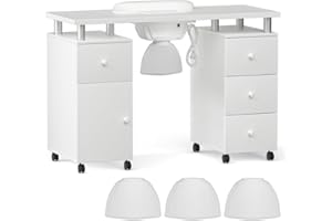 ABTSalon Electric Downdraft Vent Manicure Table Nail Desk Acetone Resistant Nail Tech Table on Wheels with Soft Arm Rest (Electric White)