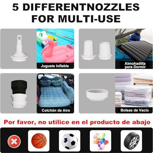 Ultra Mini Bomba De Aire Eléctrica, Bombas Aire Eléctricas Portátiles, Mini Bomba De Aire con 3 Modos Luz de Camping, 5 Boquillas, Inflador y Desinflador, Inflar Colchon Juguetes Inflables y Alberca