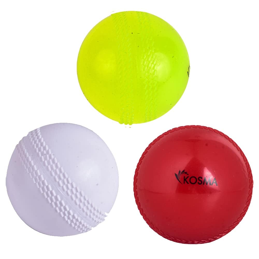 Kosma Cricket Training Balls, Pack of 3, Soft Windball, Red, White, Yellow, Indoor & Outdoor Practice
