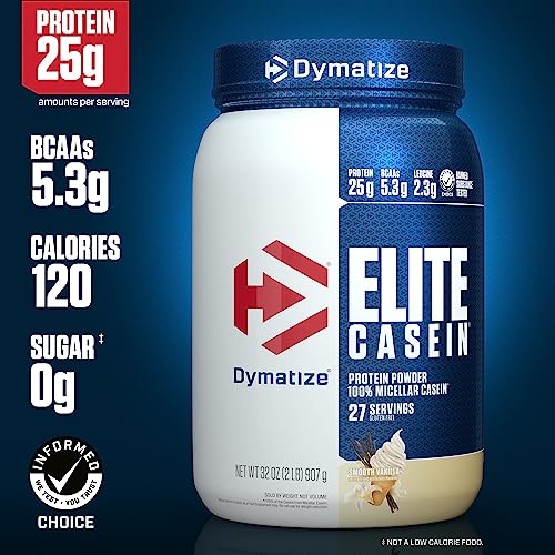 Dymatize Elite Casein Protein Powder, Slow Absorbing with Muscle Building Amino Acids, 100% Micellar Casein, 25g Protein, 5.4g BCAAs & 2.3g Leucine, Helps Overnight Recovery, Smooth Vanilla, 2 Pound