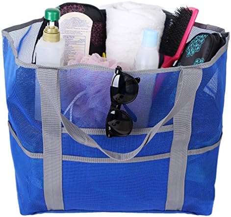 Mesh Beach Bag Tote Toy Bag Zippered Pockets Picnic Tote Large Lightweight Market Grocery Beach Tote Bag for Women and Men (Blue)